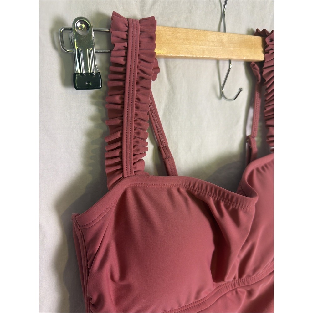 Kona Sol One Piece Swimsuit Size M (8-10) Pink Muave Ruffle Straps NEW - Picture 2 of 9